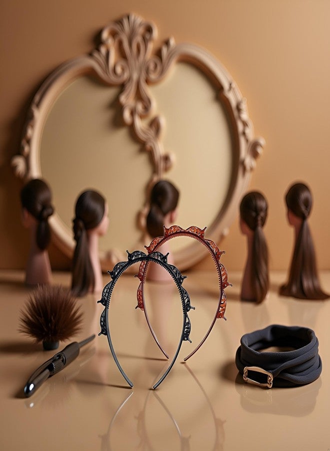 Bwexxt 2Pcs Black and Brown Double Bangs Hairstyle Hairpin Headband With 8 Small Clips Double Layer Twist Plait Hair ,Women's Fashion Headbands Clip with Toothed Hairs Bands Braid Tool Hair Accessories - Image 3